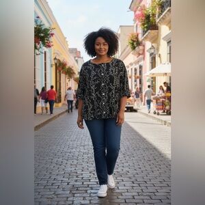 Vintage Ronni Nicole Black Blouse with White Floral Vine Design